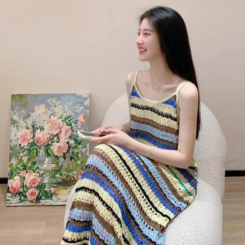 欧洲站裙子夏季女2025新款法式绝美长裙小众设计感条纹吊带连衣裙