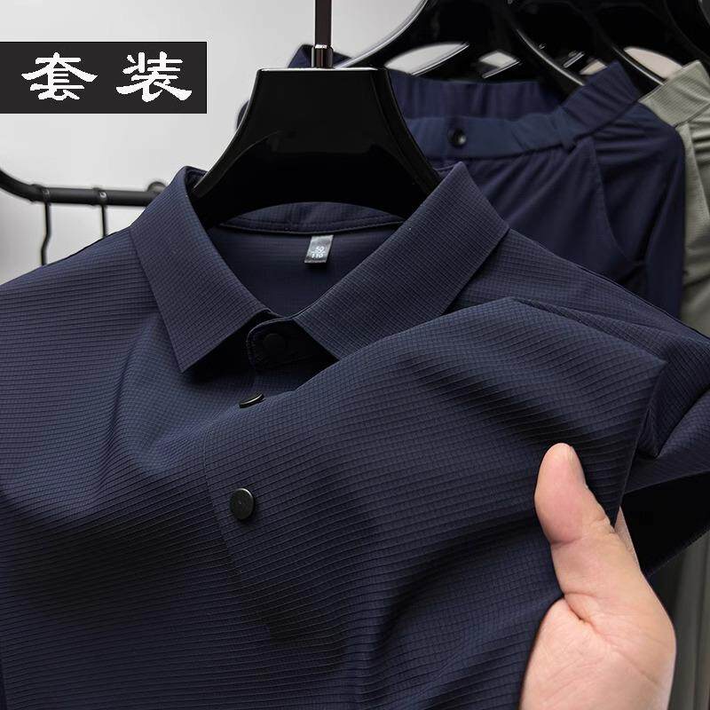 ~高端套装夏季休闲polo衫男士短袖t恤翻领纯色裤子两件套