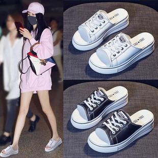 香港厚底拖鞋 百搭网红ins潮沙滩坡跟一字拖 女夏外穿2024新款 时尚