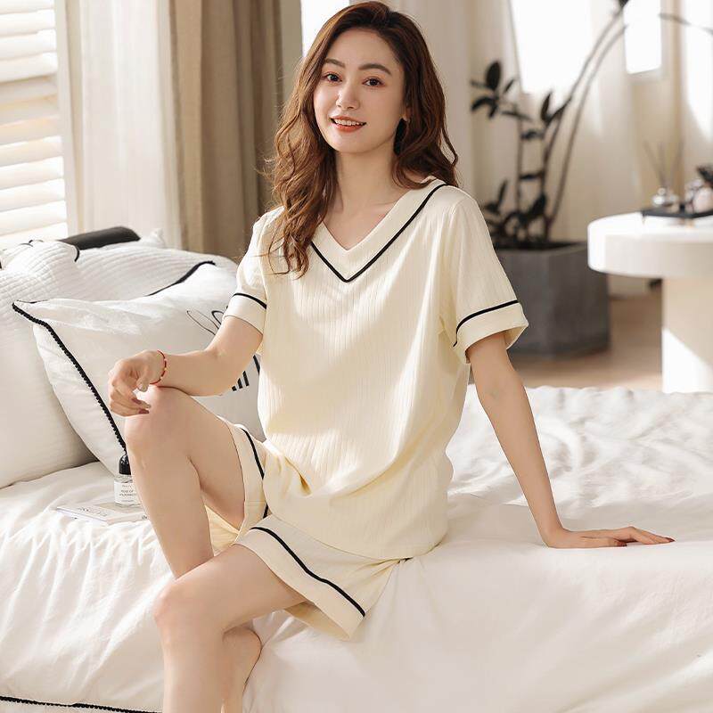 维多利亚睡衣女夏天春秋季短袖V领纯棉2025年新款全棉家居服套装
