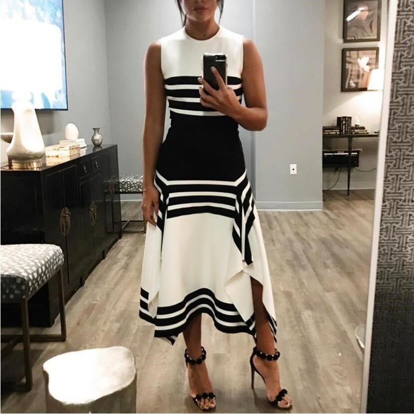 2019 Summer Black White Stripe Sleeveless Casual Dress Women