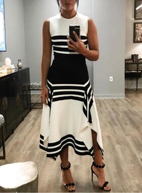 2019 Summer Black White Stripe Sleeveless Casual Dress Women