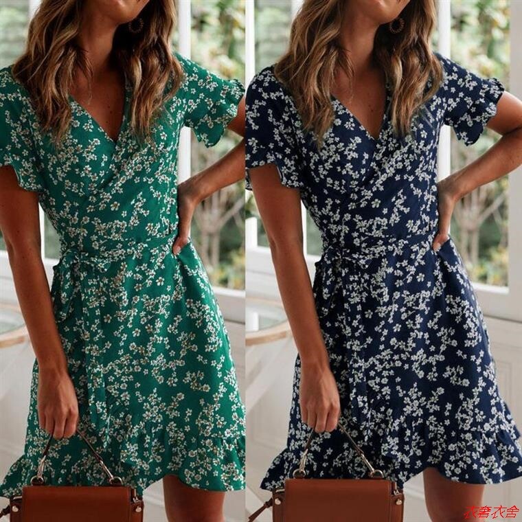 eSS RuffLe ShoRt SLeeve A Line Mini DReSS WRAp SunDReSS Robe