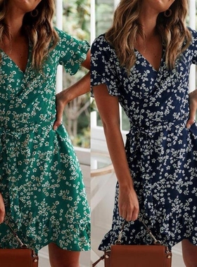 eSS RuffLe ShoRt SLeeve A Line Mini DReSS WRAp SunDReSS Robe