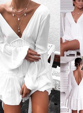 Summer fashion White V-neck lantern sleeve loose women dress