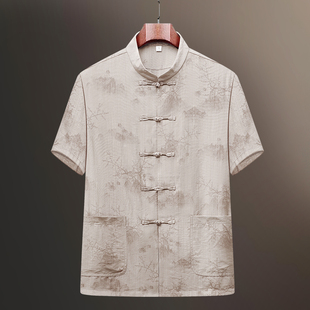 夏季 套装 薄款 中式 中国风唐装 立领爸爸衬衫 男上衣桑蚕丝中老年短袖