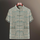 男中老年短袖 套装 薄款 真丝唐装 衬衫 桑蚕丝爸爸夏装 爷爷中国风男装