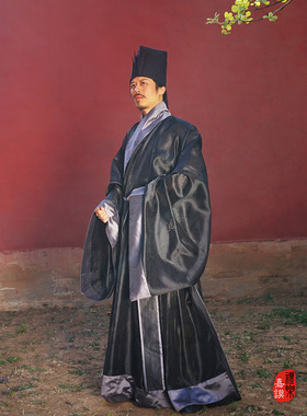 【礼乐嘉谟】黑衣灰缘提花纱行衣 明制汉服 可定制其他颜色