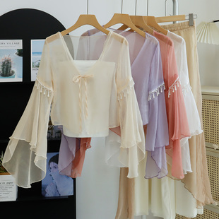 中国舞古典舞蹈服珍珠拼接纱衣仙气飘逸短款上衣演出服披肩开衫女