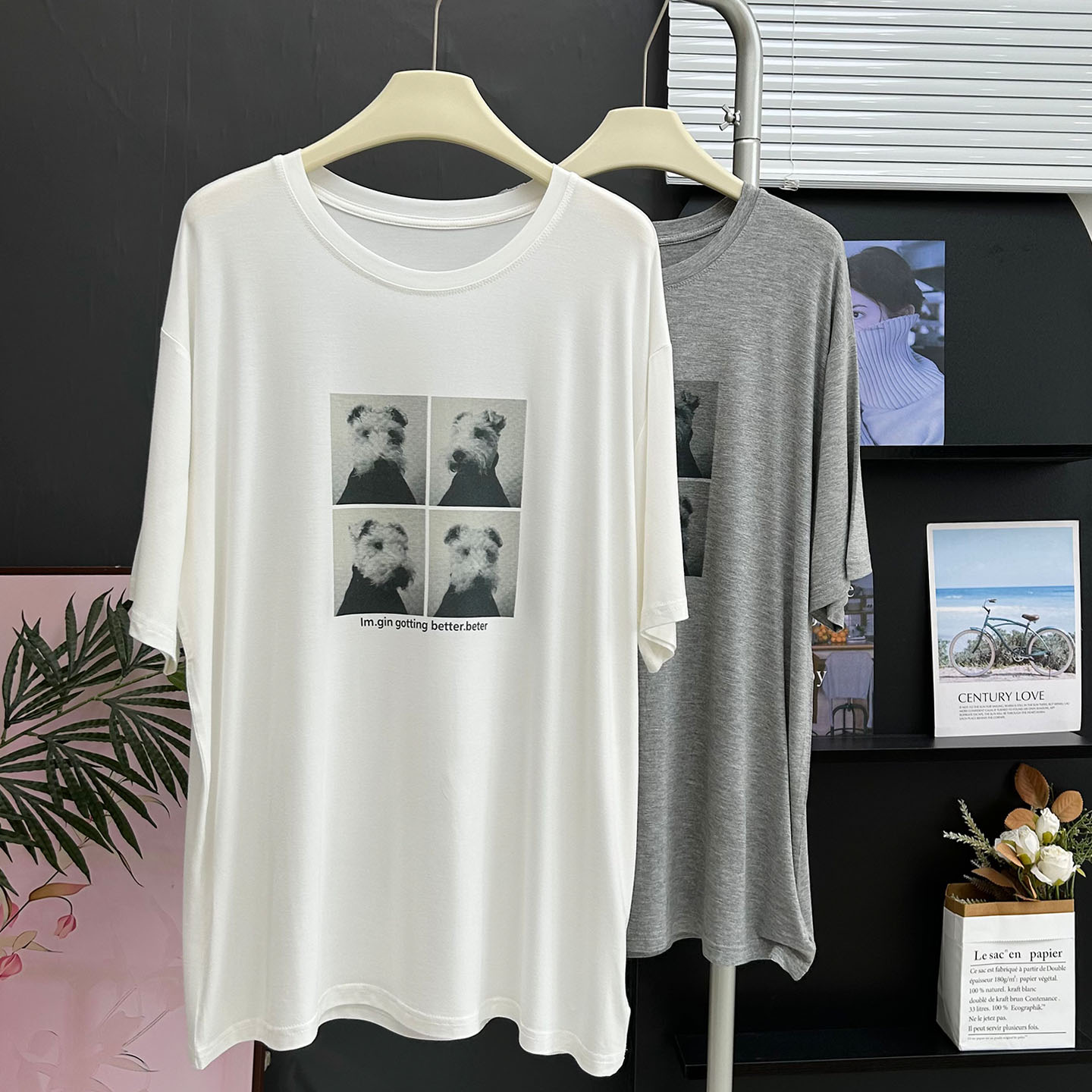 可爱狗狗印花中长款莫代尔短袖T恤女宽松慵懒垂感休闲打底上衣夏