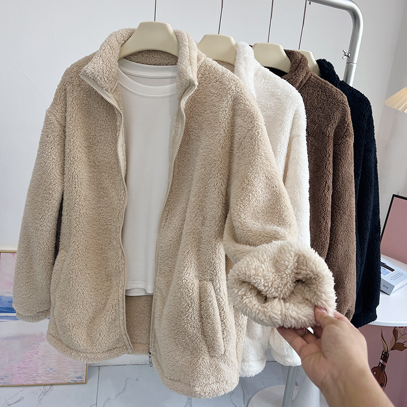 简约仿兔毛加绒毛毛外套