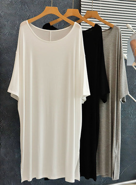 莫代尔中长款T恤睡裙薄女夏秋季下摆开叉过膝宽松大码睡衣孕妇裙