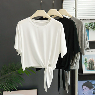 不规则下摆打结短款莫代尔T恤短袖宽松上衣罩衫舞蹈运动瑜伽服女