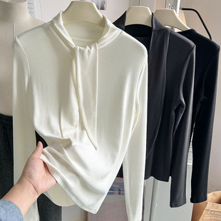 法式飘带半高领长袖T恤叠穿秋冬款简约柔软设计感围巾挂脖上衣女