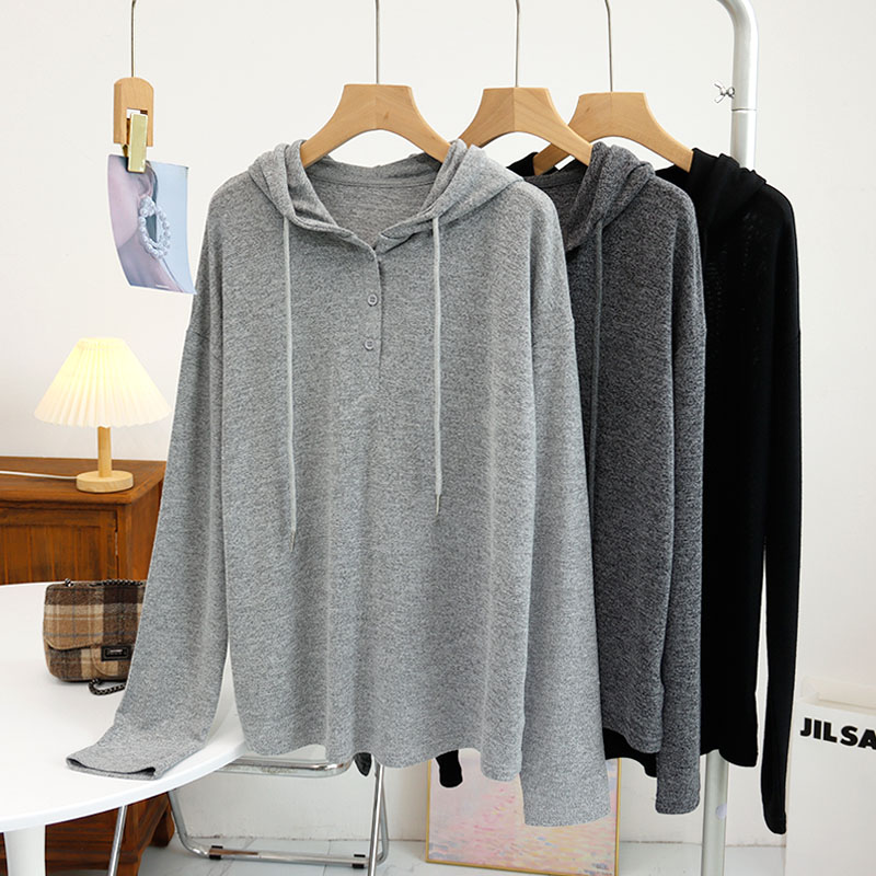 薄款宽松针织慵懒风连帽卫衣