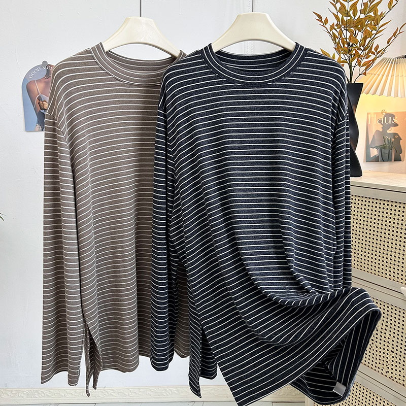 早春大板oversize下摆开叉中长款条纹长袖T恤大码宽松圆领上衣女