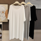 睡裙孕妇裙 莫代尔连衣裙宽松大码 中长款 大V领T恤裙女夏慵懒风长袖