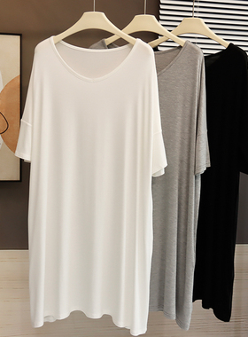 中长款大V领T恤裙女夏慵懒风长袖莫代尔连衣裙宽松大码睡裙孕妇裙