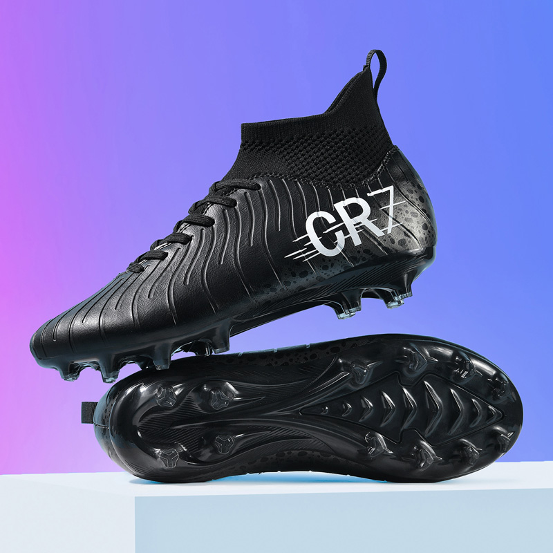黑色高帮足球鞋青少年AG长钉男女小学生碎钉初中生草地防滑训练鞋
