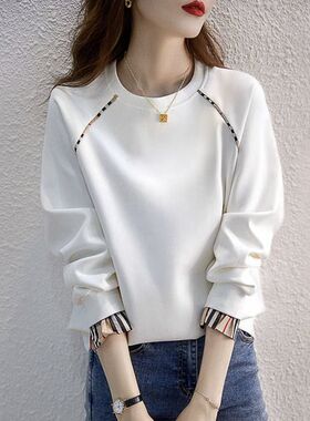 薄款纯棉卫衣女2024年春秋韩版无帽宽松套头长袖圆领假两件上衣