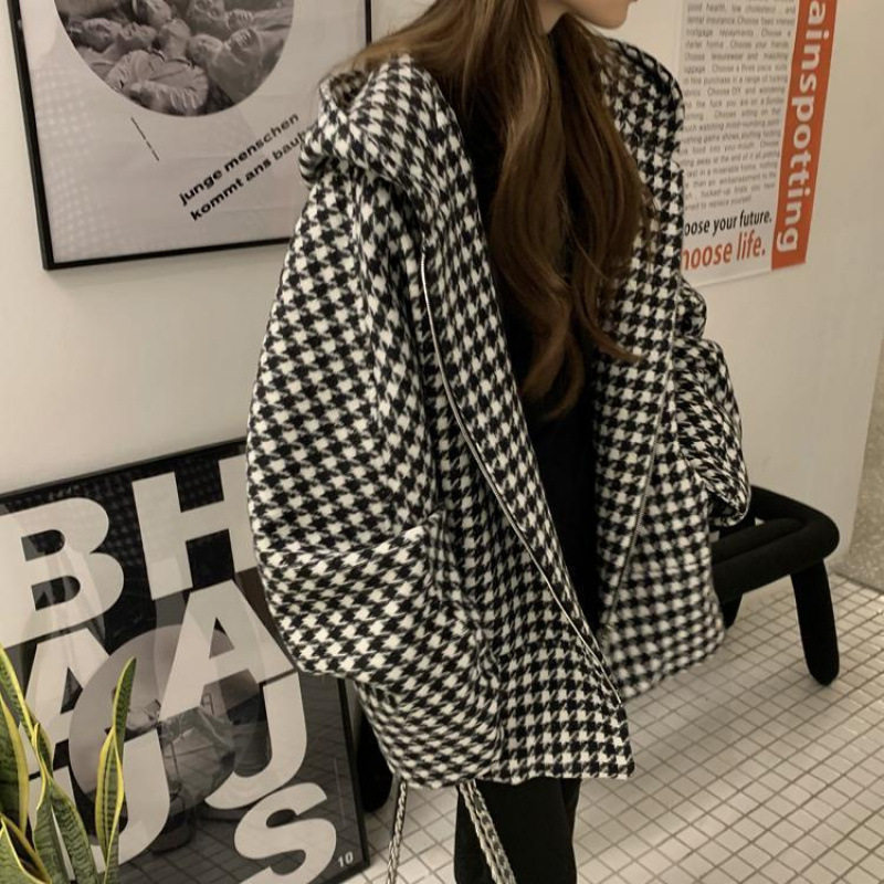复古千鸟格毛呢外套小香风连帽上衣秋冬宽松显瘦加厚呢子大衣女潮