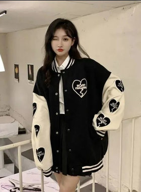 秋季新款日系爱心印花拼色棒球服外套女学生韩版宽松百搭夹克上衣