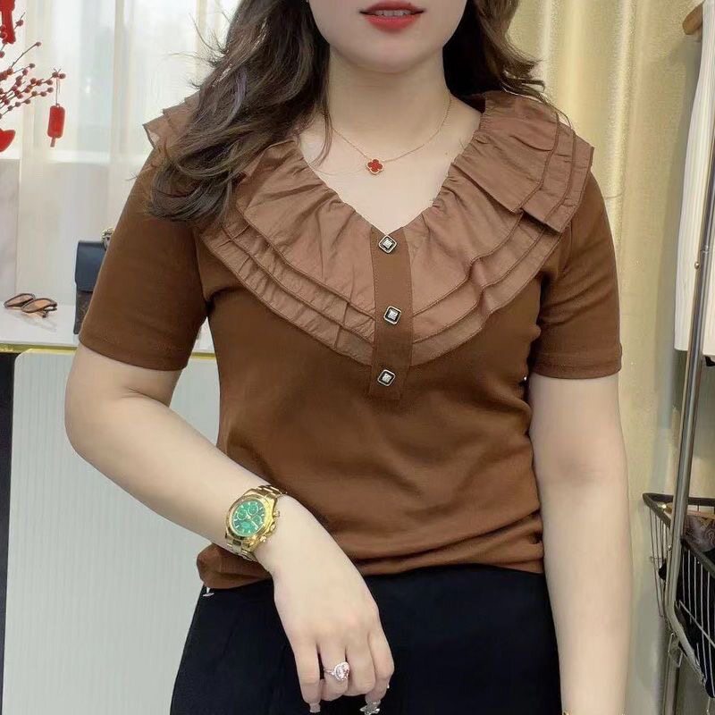 高档时尚妈妈装V领荷叶边气质短袖T恤女夏季薄款遮肚显瘦洋气小衫