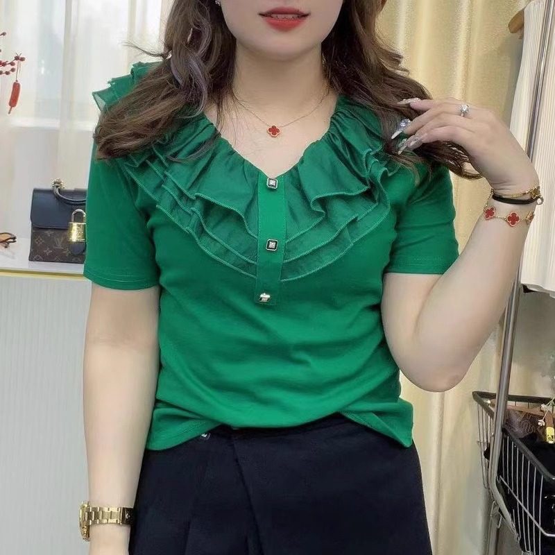 V领荷叶边带扣气质短袖T恤女夏季时尚减龄遮肚子显瘦上衣洋气小衫