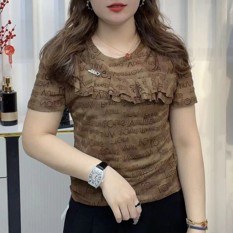 荷叶花边英文字母上衣女夏季轻薄凉爽时尚高弹气质印花短袖T恤潮
