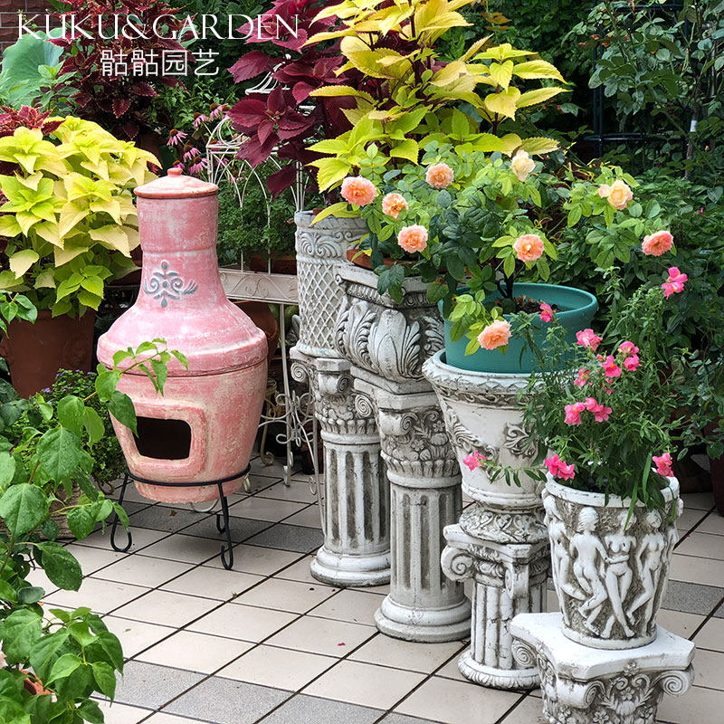 欧式罗马柱粗陶土复古做旧别墅客厅装饰摆件花园园艺花盆圆柱底座