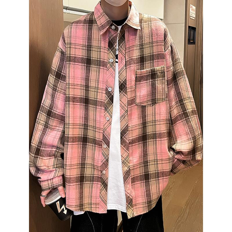 港风男日系长袖格子衬衫男春秋覆古寸衫男生男士衬衣薄款外套男款