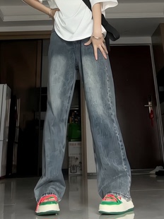 美式复古水洗阔腿牛仔裤女2026春秋新款高腰宽松显瘦直筒拖地裤子