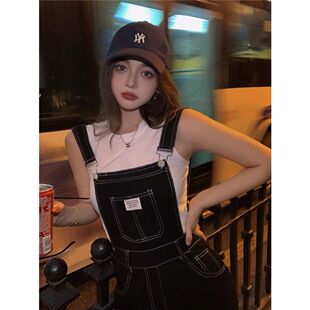 盐系高腰牛仔背带裤女2025春季宽松显瘦黑色直筒阔腿拖地连体长裤