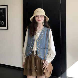 韩版重工刺绣复古牛仔马甲外套女春季新款设计感叠穿百搭坎肩上衣