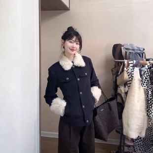 韩系复古藏蓝色拼接毛领棉服外套女2025秋冬季新款设计感短款上衣