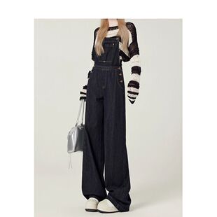 宽松梨形高腰直筒连体裤 女美式 潮 复古深蓝减龄牛仔背带裤 2025新款