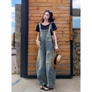 盐系甜酷减龄工装复古破洞牛仔背带裤女夏季新款宽松休闲阔腿长裤