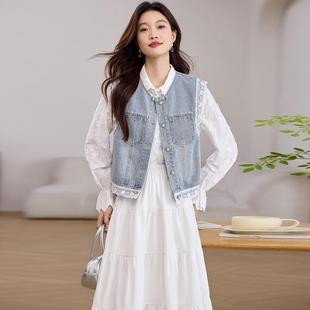 蕾丝拼接牛仔马甲女2025年春夏新款设计感百搭短款马夹外套上衣潮
