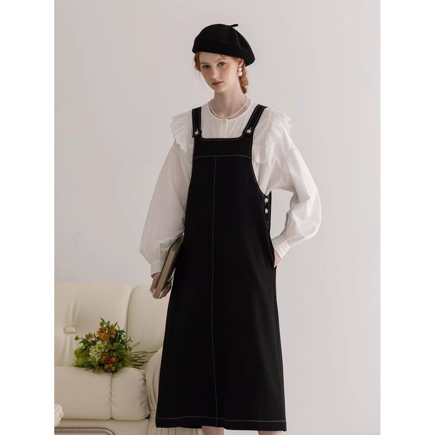 2026年春季新款复古中长款黑色牛仔连衣裙女宽松减龄显瘦背带裙潮