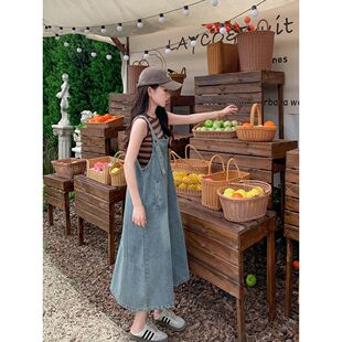港风复古减龄盐甜系休闲宽松A字裙 2026新款 薄款 牛仔背带裙女夏季