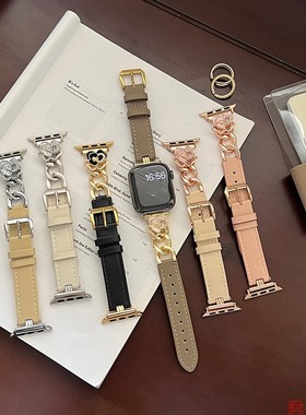 适用苹果手表s910真皮表带iwatch8se765创意山茶花金属链条高级感
