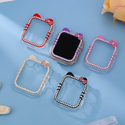 适用苹果手表s10se保护壳iwatch987半包镂空钻石卡通KT猫防摔边框