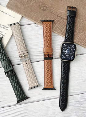 适用苹果手表11ultra10se真皮表带iWatch56789高级菱格纹腕带创意