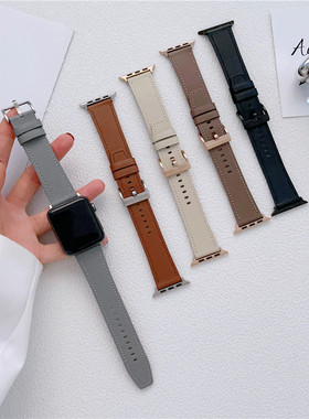 适用苹果手表8代ultra真皮表带7se复古金属扣牛皮iWatch456男女款
