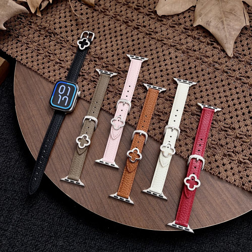 适用苹果手表s12ultra3se真皮表带iwatch1110987四叶草金属扣时尚