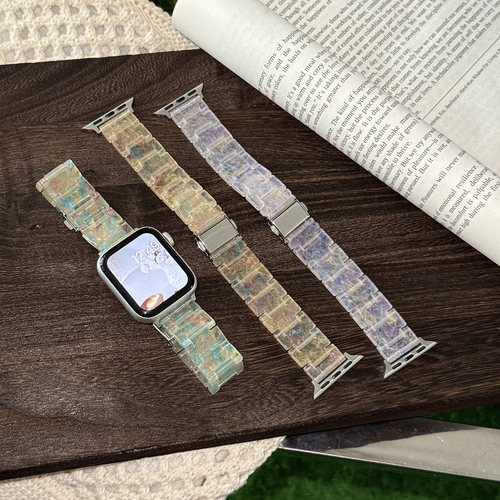 适用Apple Watch表带树脂透明流沙纹苹果手表链式透气清凉腕带女