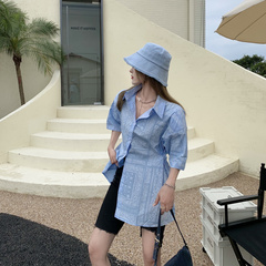 Real price ~ retro printing shoulder pad short sleeve with waist closed at both sides, lazy fashion niche Shirt Top