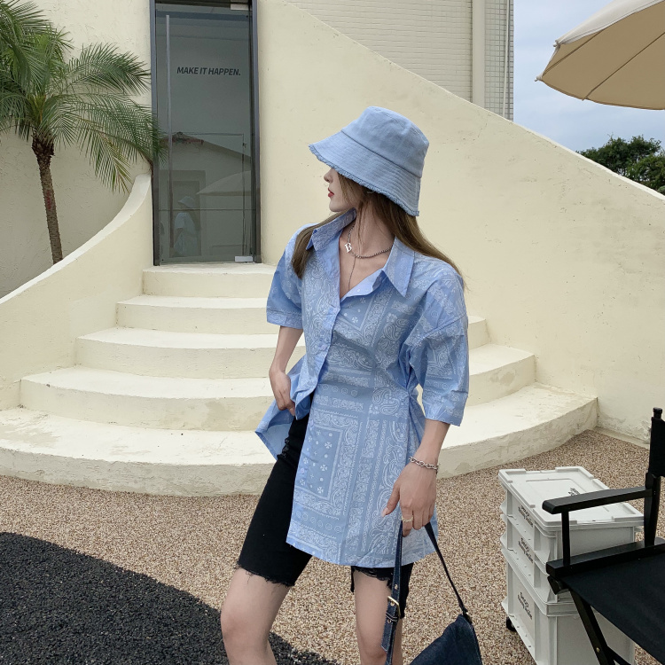 Real price ~ retro printing shoulder pad short sleeve with waist closed at both sides, lazy fashion niche Shirt Top