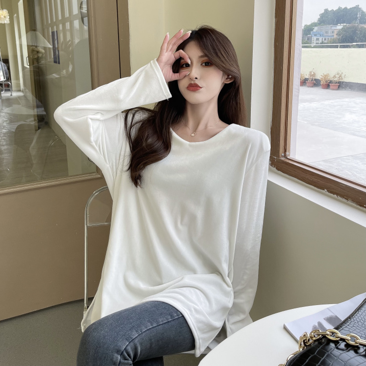 Real price ~ casual V-Neck long sleeve velvet bottoming shirt with side split back chain and versatile T-shirt