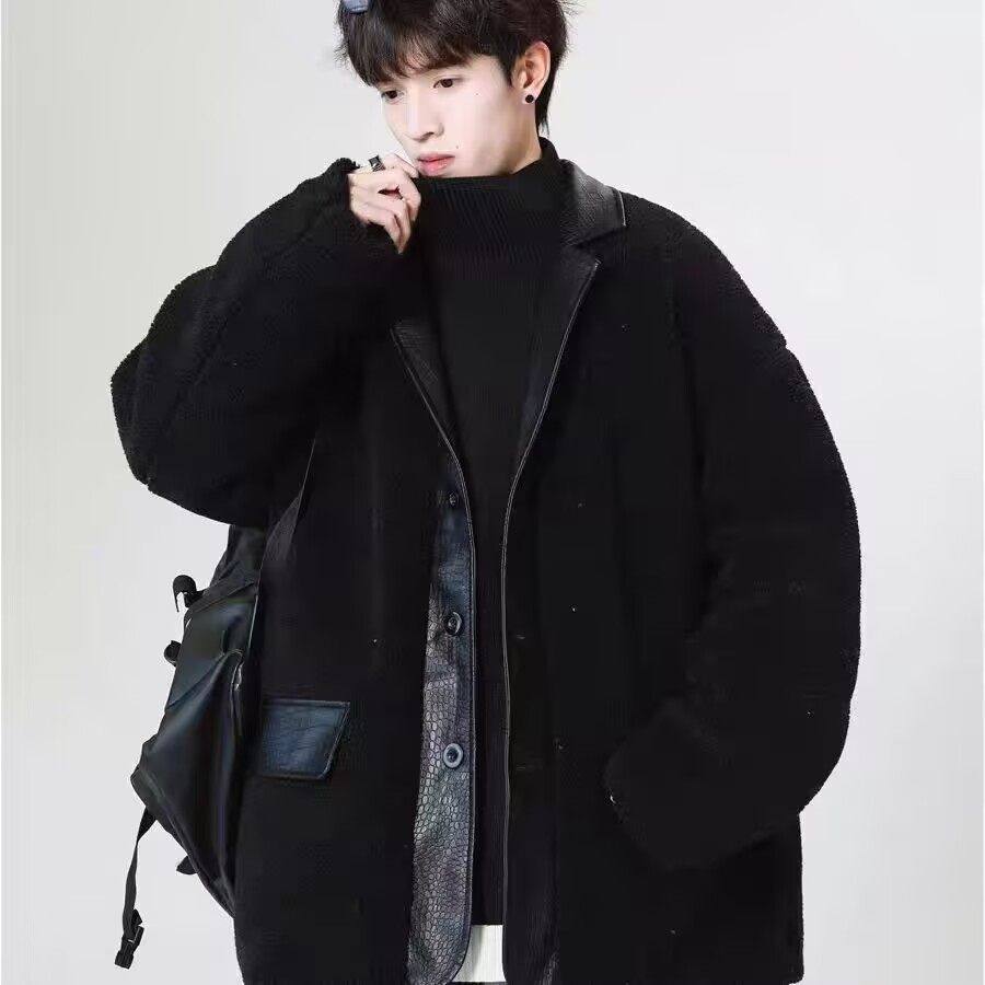 【精品】新款上市◆2025冬季青少年港风皮衣拼接羊羔毛锁棉棉衣潮,男装,棉衣,淘宝优惠券,粉丝福利购,淘宝优惠卷